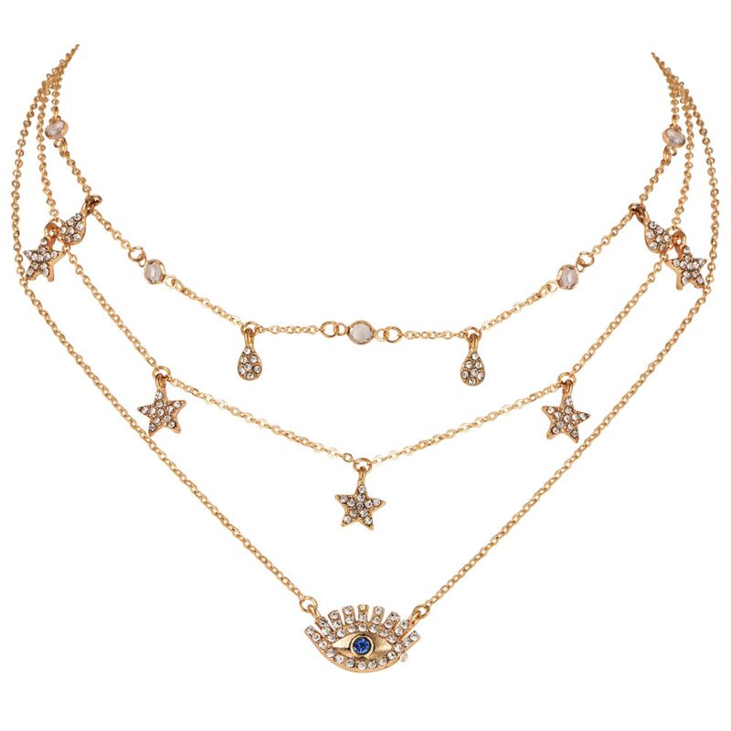 Drop Shipping Gold Plated Evil Eye Star Rhinestone Layered Choker Necklace Collar Gargantilla