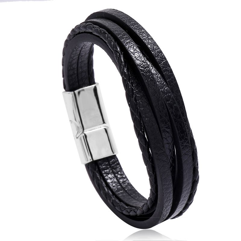 Easy Open Metal Knot Black Plain Leather Bracelet for Men