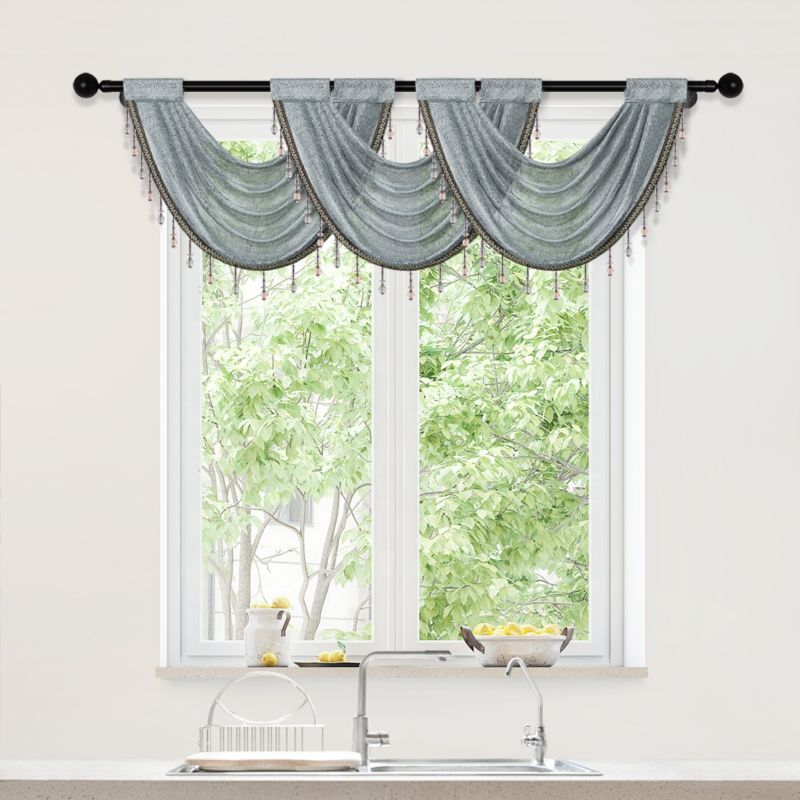 Elkca Silver Grey Tulle Waterfall Swag Valances for Living Room Kitchen Semi Sheer Curtain Valance Rod Pocket with Tassel