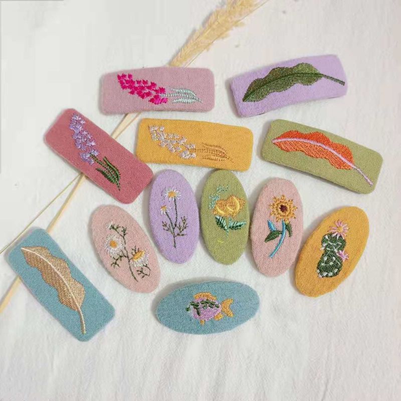 Embroidery Floral Leaf Snap Hair Clip Oval Square Fabric Sweet Retro Flower Hairpin Side Hair Clip Bb Clip for Women Girls
