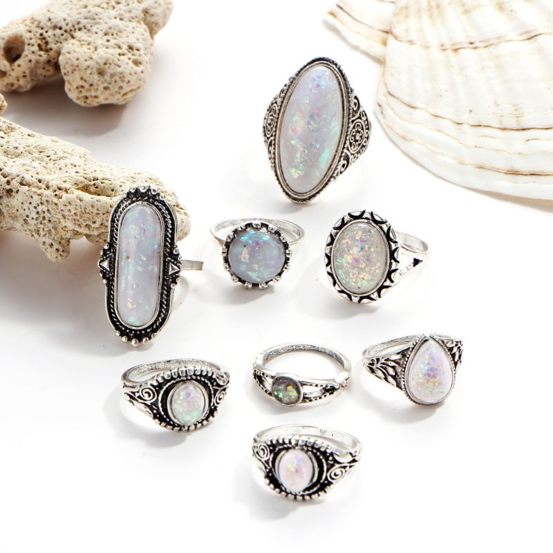 European American Opal 8-Piece Foreign Trade Retro Ring Set Aquamarine Ring Jewlery