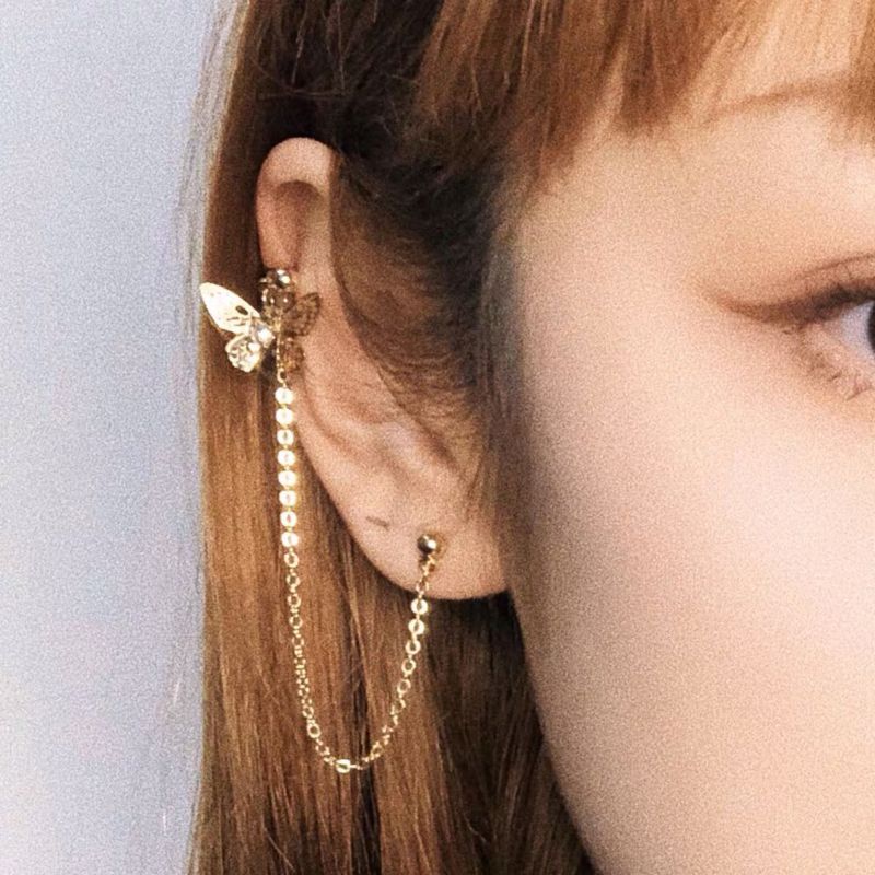 European Long Circle Link Chain Butterfly Clip on Earring Single One Piece Butterfly Stud Earring