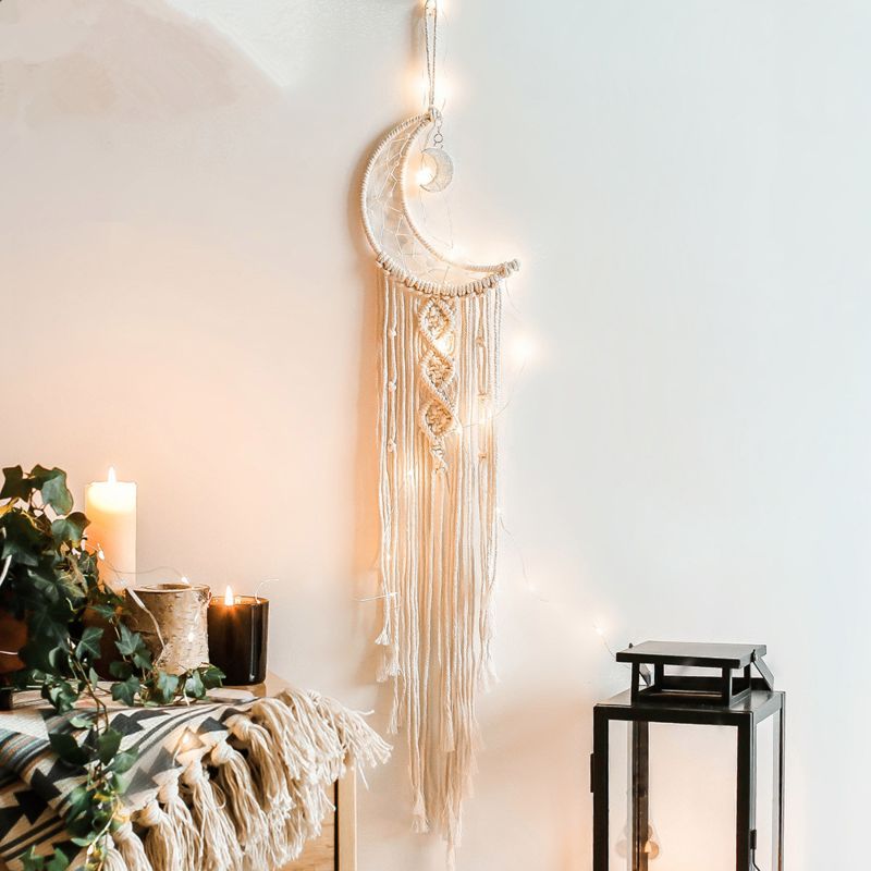 European Style Handmade Boho Home Decoration Cotton Tassel Moon Shape Macrame Wall Hanging Dream Catcher