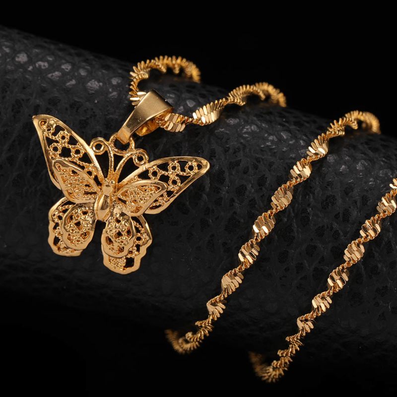Exquisite 24K Gold Butterfly Charm Necklace Women Choker Collar Water Wave Chain Jewelry Butterfly Pendant Necklace