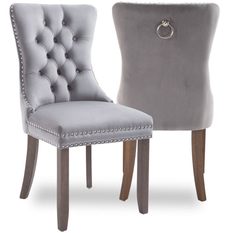 Exquisite and Gratifying Gray Velvet Upholstered Back Button Tufted Nailhead Solid Wood Legs Kitchen Dining Chair Us Inventory