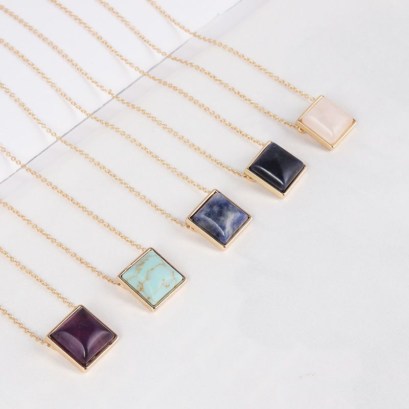 Exquisite Square Natural Stone Pendant Necklace Personalized Blue Pink Quartz Geometric Square Turquoise Stone Pendant Necklace