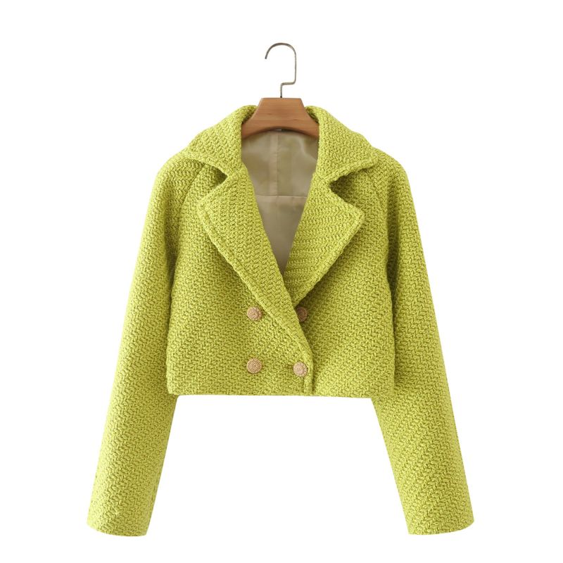 Fall Autumn Women's Solid Color Woolen Short Double Row Button Long Sleeve Suit Coat Vintage Casual Short Blazer