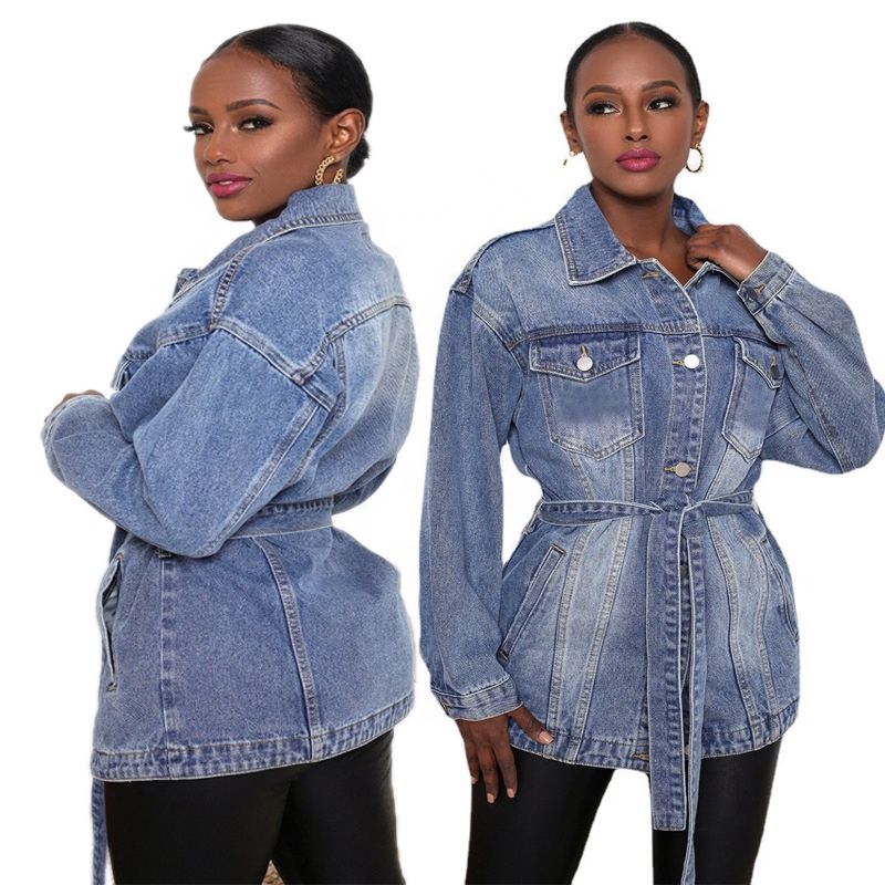 Fall Clothes Trench Coat Denim Jacket with Belt Arrivals Casual Single Breasted Slim Fit Women Jeans Coat