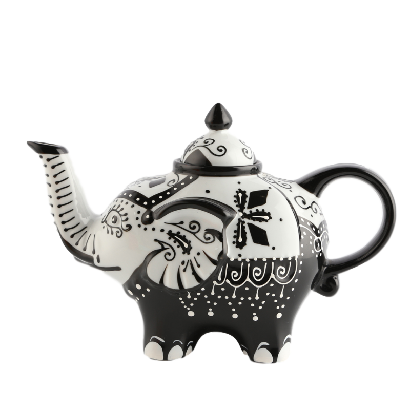 Fancy Animal Coffee Pot Hand-Painted Black and White Ceramic Tea Pot with Elephant Shape