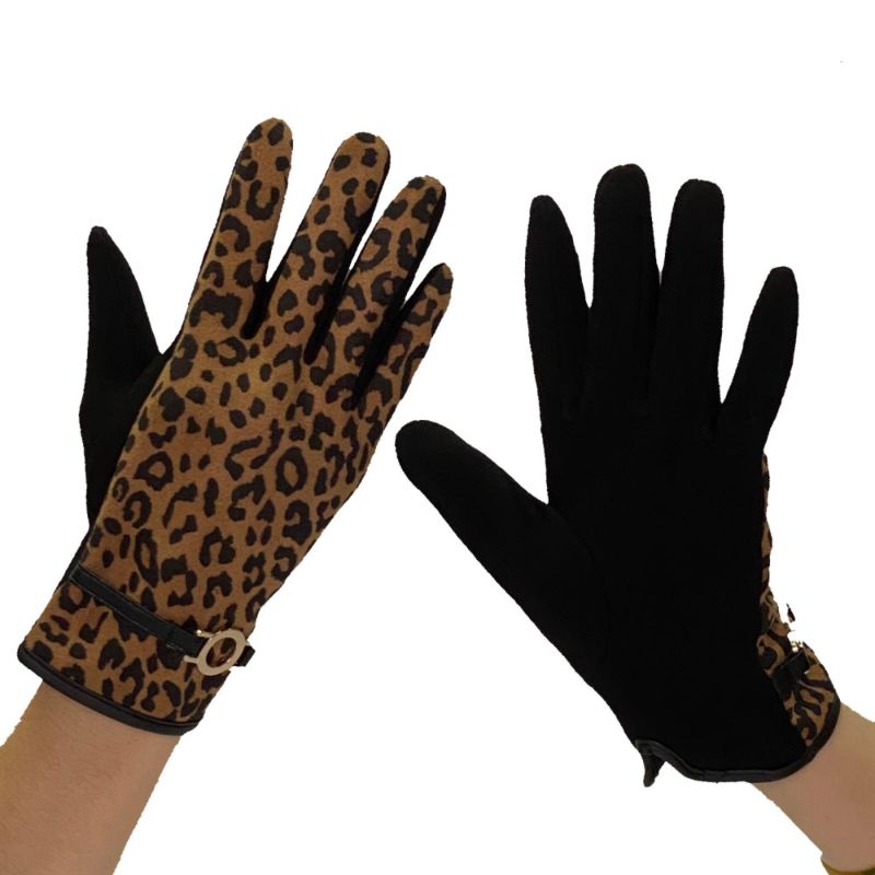 Fashional Leopard Print Poly Cotton Jersey Metal Trim Details Short Fur Lined Ladies Gloves