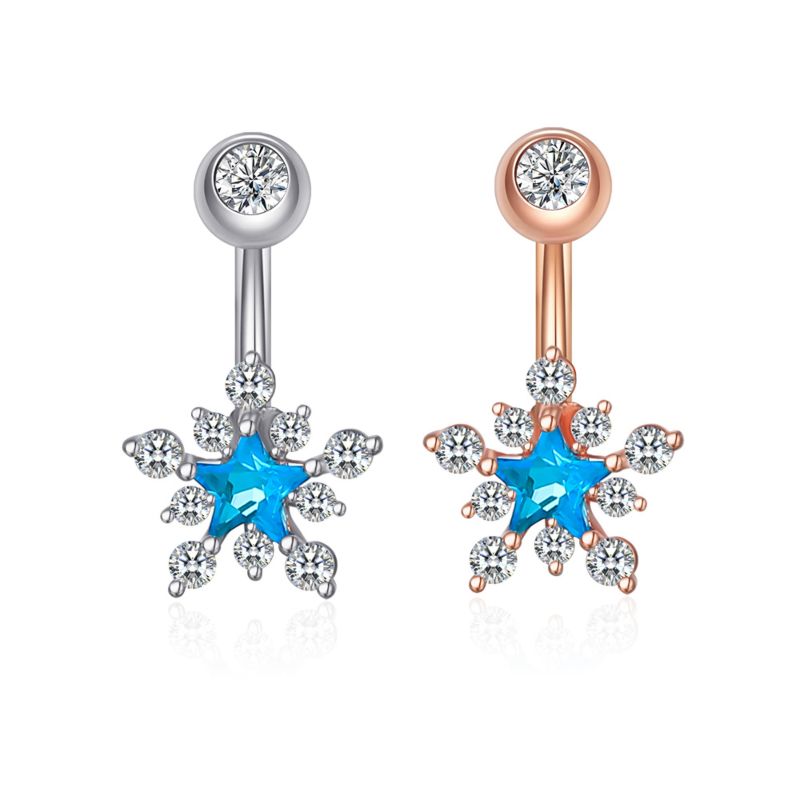 Five Pointed Crystal Star Belly Ring Blue Zircon Snowflake Clip on Navel Ring Surgical Steel Bars Body Piercing Jewelry