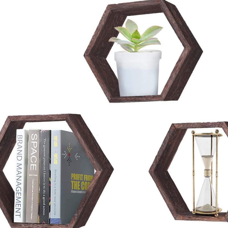 Floating Shelf Hexagon Set Honeycomb Wall Mounted Shelves Decorative Hanging Display for Collectibles Photos Frames Plants
