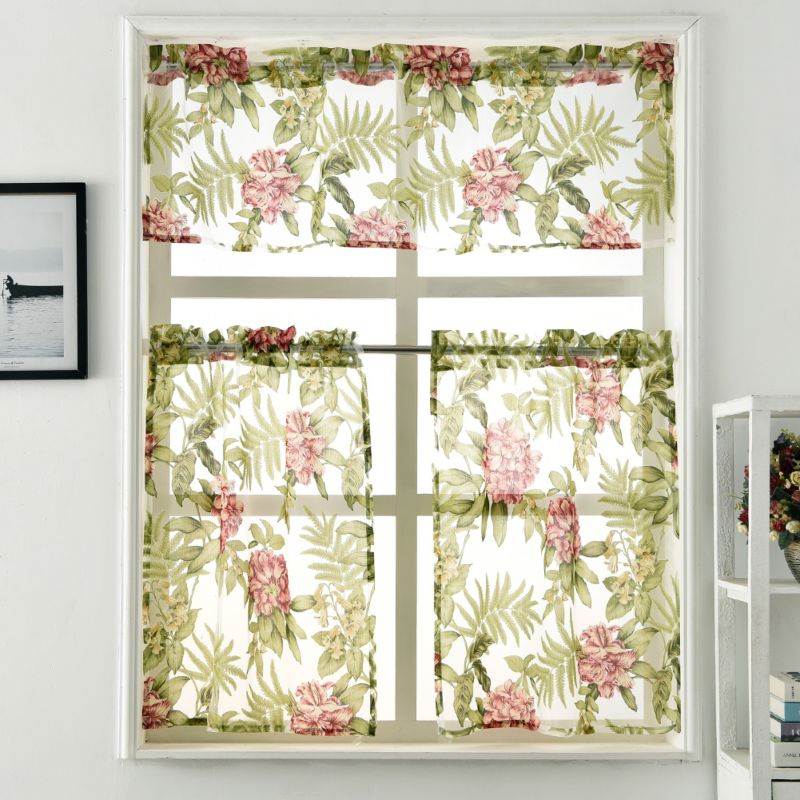 Floral Kitchen Curtains Set Short Windows Ready Made Sheer Curtains 3- Piece Kitchen Curtain Tier & Valance Set