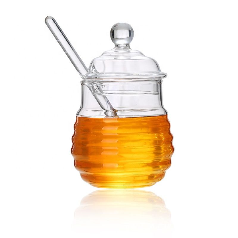 Food Grade Clear round Shape Beehive Style Borosilicate Glass Honey Jar Jam Jar with Dipper and Lid