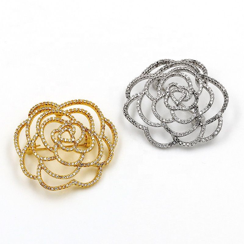 Free Customized Gold Rose Flower Crystal Brooches Silver Diamond Rhinestone Pin Brooch