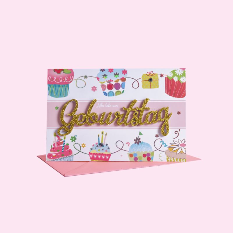 Fresh Pink Design Stock 3D Birthday Card with Glitter Stamping for Friends or Children