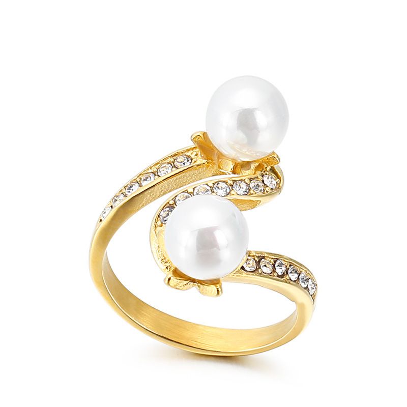 Freshwater Cultured Pearl Shell Bypass Ring Double Pearl Wrap Knuckle Ring Stainless Steel for Women Girlfriend