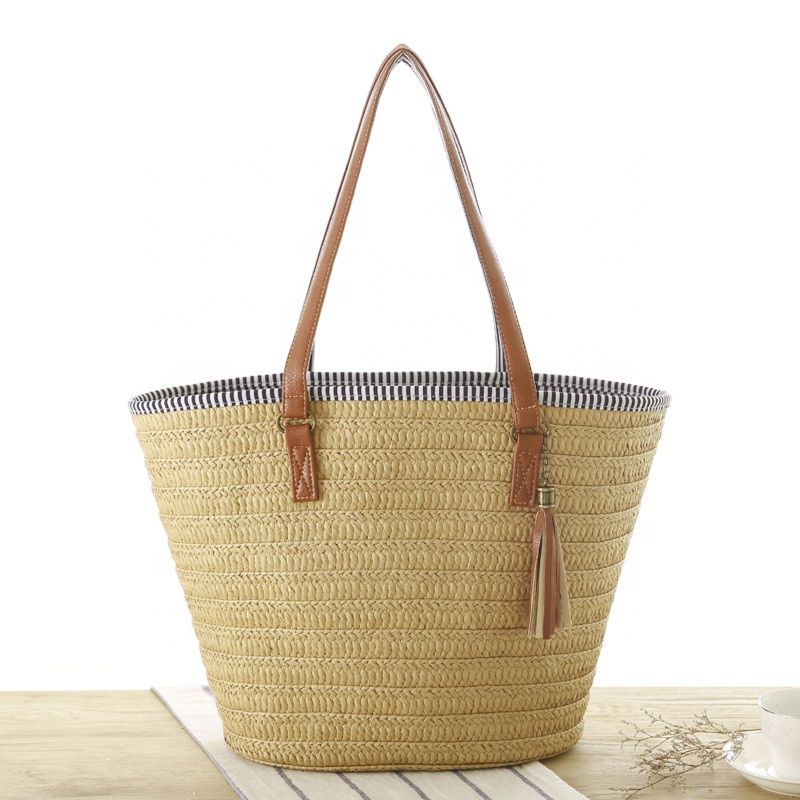 Fs8781 Handmade Basket Moroccan French Market Beach Bag Natural Long Flat Handle Raffia Straw Bag