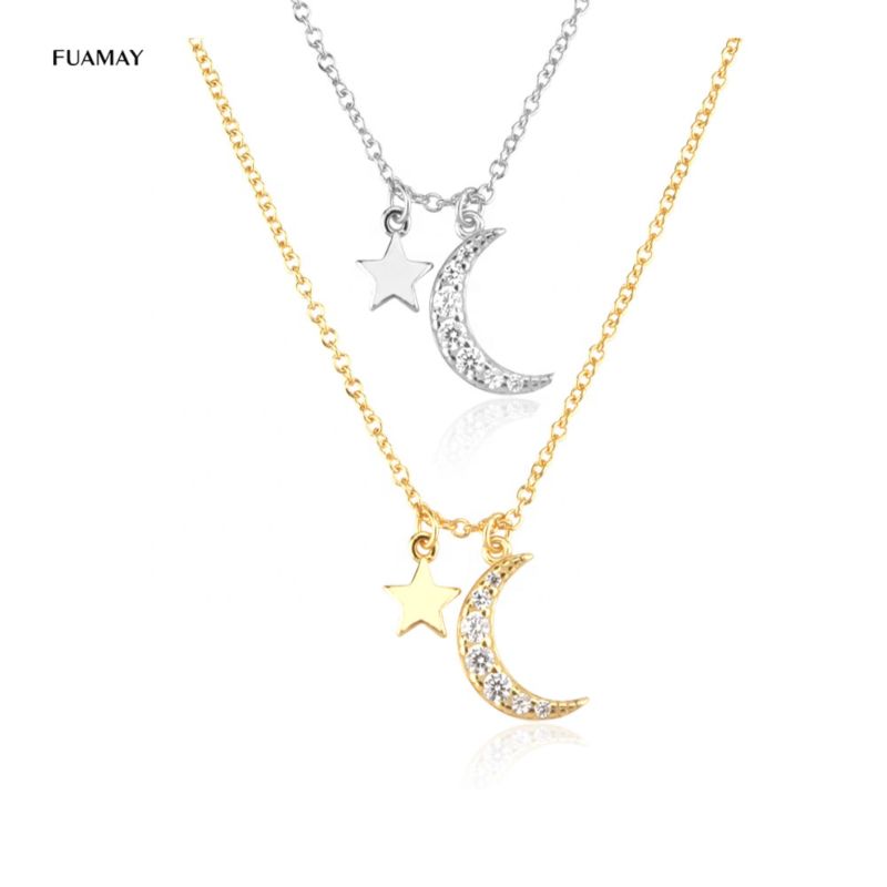 Fuamay Silver Star Moon Stone Necklace 925 Bling Crescent Stars and Moon Necklaces Cadenas De Mujer