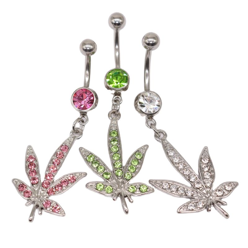 Gaby Cz Dangle Gem Weed Leaf 316L Surgical Steel Belly Rings Body Piercing Jewelry