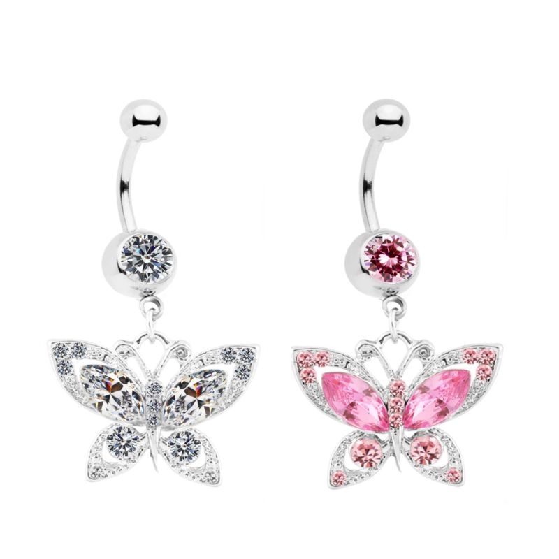 Gaby Stainless Steel Pink Diamond Butterfly Belly Button Rings Body Piercing Jewelry