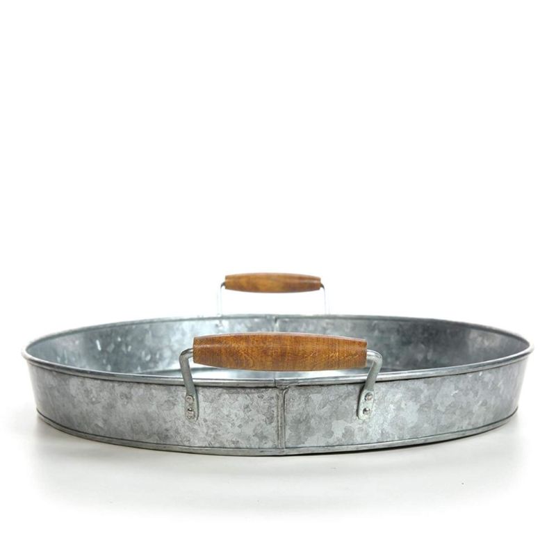 Galvanized round Tray, Wooden Handle, Suitable for Family, Office, Party, Wedding