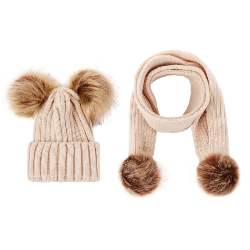 Girl Pompon Hats and Scarves Sets Knitted Warm Nature Fur Pom Pom Hat Scarf Thick Beanies Hats Kids Baby Solid Bones