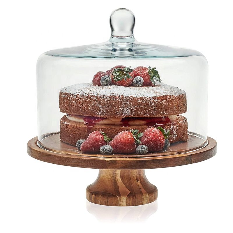 Glass Cake Cheese Dome Jar Lid with Acaciawood Footed round Wood Server Cake Stand