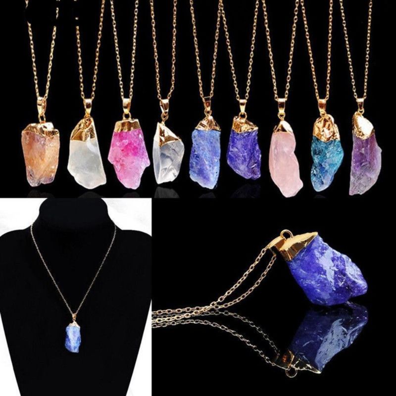 Gold Chain Quartz Necklace Crystal Chakra Rock Necklace Pendant Colorful Rainbow Natural Stone Necklace