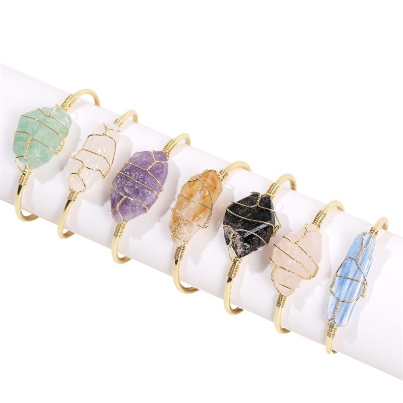 Gold Copper Wire Wrapped Open Cuff Bangle Handmade Women Natural Stone Bangle