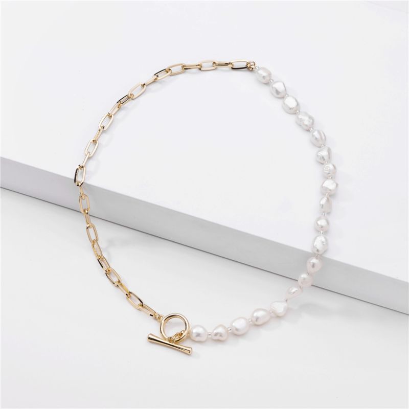 Gold Link Chain Fresh Water Pearl Choker Necklace For Women