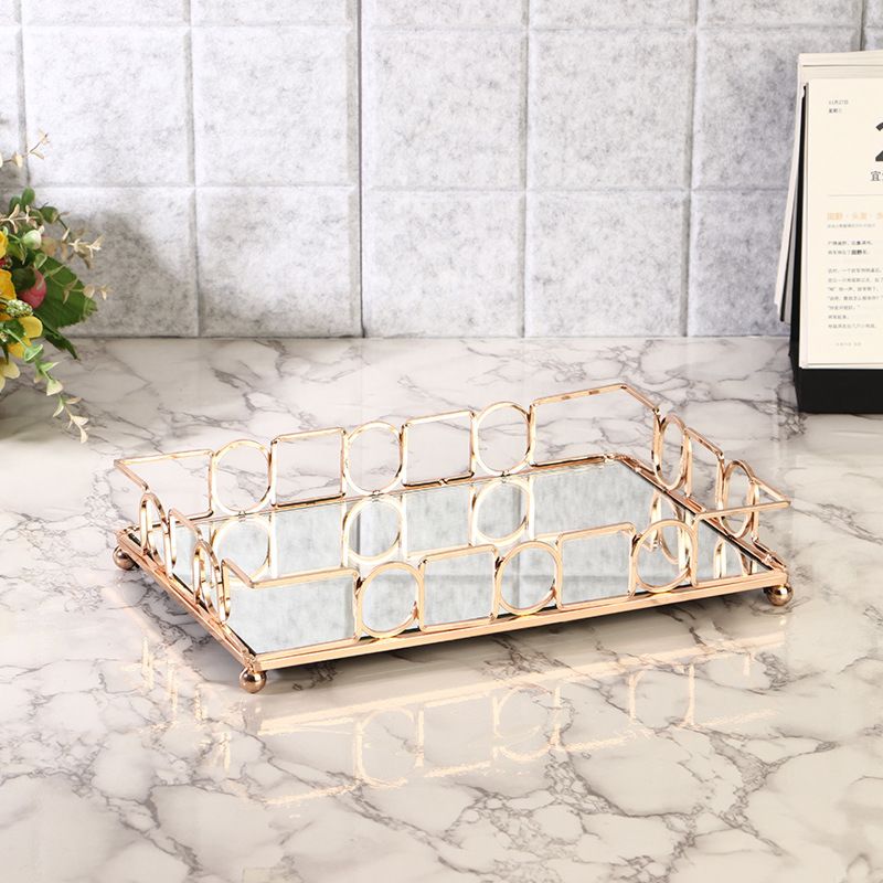 Gold Mirror Dessert Display Tray Perfume Dresser Vanity Tray Metal Decorative Makeup Tray