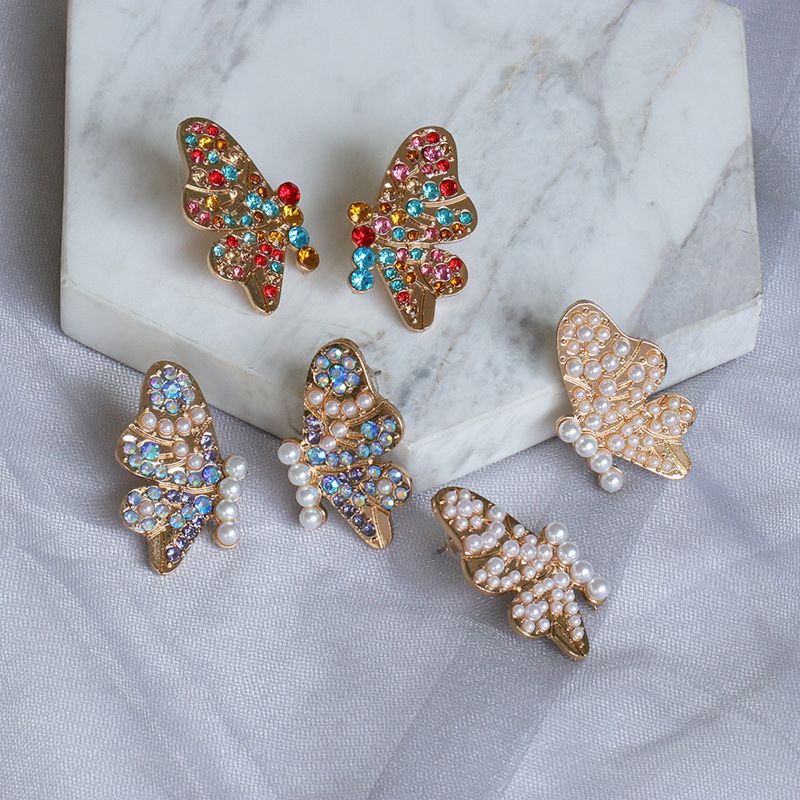 Gold Plated Statement Pearl Stud Earrings Jewelry Colorful Rhinestone Butterfly Wings Earrings for Women