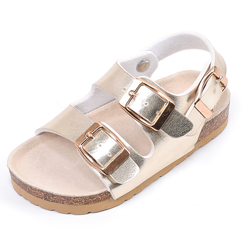 Gold Silver Color Shiny Thick Pu Children Kids Girls Buckle Straps Sandals with Bio Cork Sole Foot-Bed
