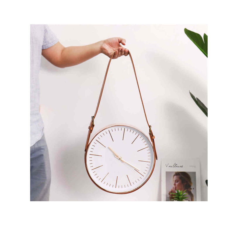 Gold Wall Clock Nordic Vogue Mute Movement Glass Clock Minimalist Home Decor Pu Leather Belt Hanging Clock