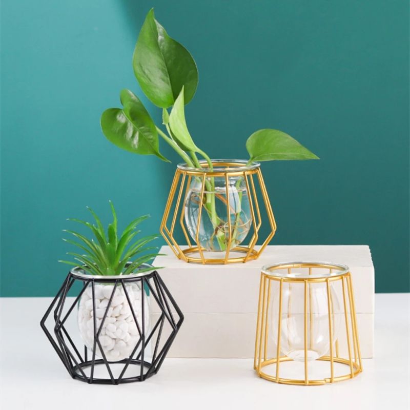 Grace Glass Vase Modern Hydroponic Iron Line Flower Glass and Gold Vases Plant Holder Home Decor Vase Crystal Glass