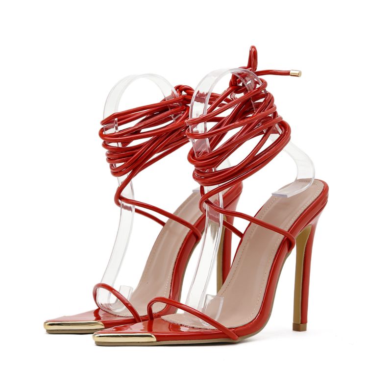 Green and Red Sandals Oullis Lace up Strappy Ankle Strap Square Toe Heels for Ladies