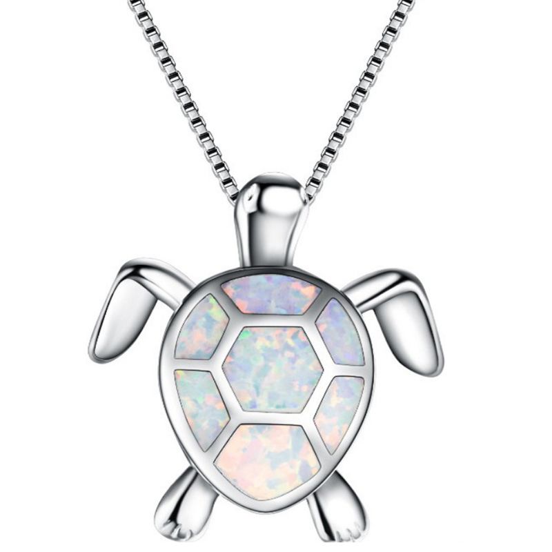 Guaranteed Blue and White Opal Inlaid Turtle Hanging Pendant Necklace for Women