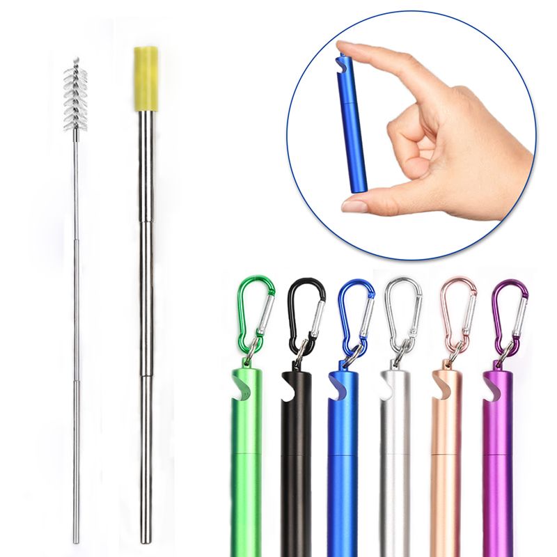 H526 Drinking Beverage Outdoor Reusable Eco Friendly Foldable Straw Case with Bottle Opener Keychain Collapsible Straws