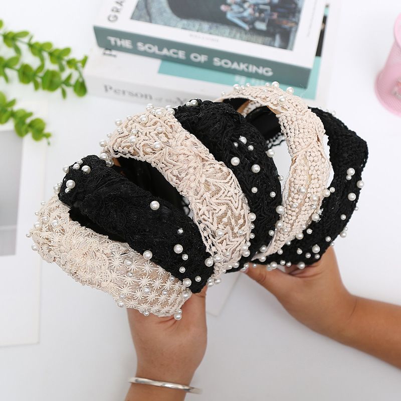 Hande Made Knotted Wide Headbands Women Lace and Pearl Elastic Accessories Headband