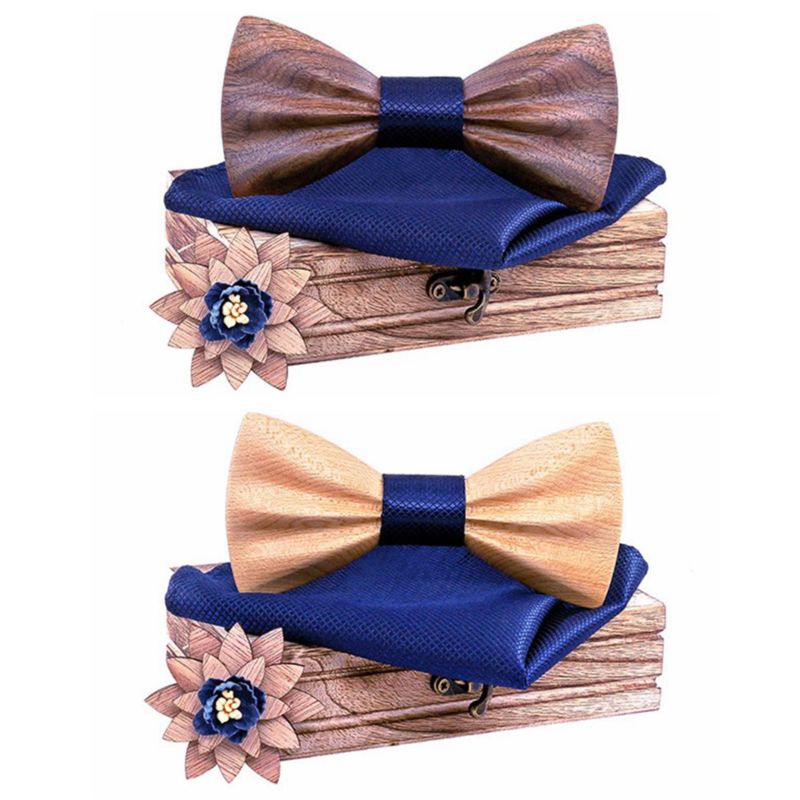 Handmade 3D Adjustable Bow Tie Wooden Set with Pocket Square Brooches for Men