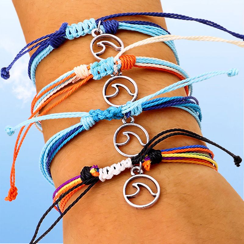 Handmade Beach Cord Bracelet Braided Waterproof Wax Cotton Colorful Cord Macrame Boho Wave Anklet Bracelet