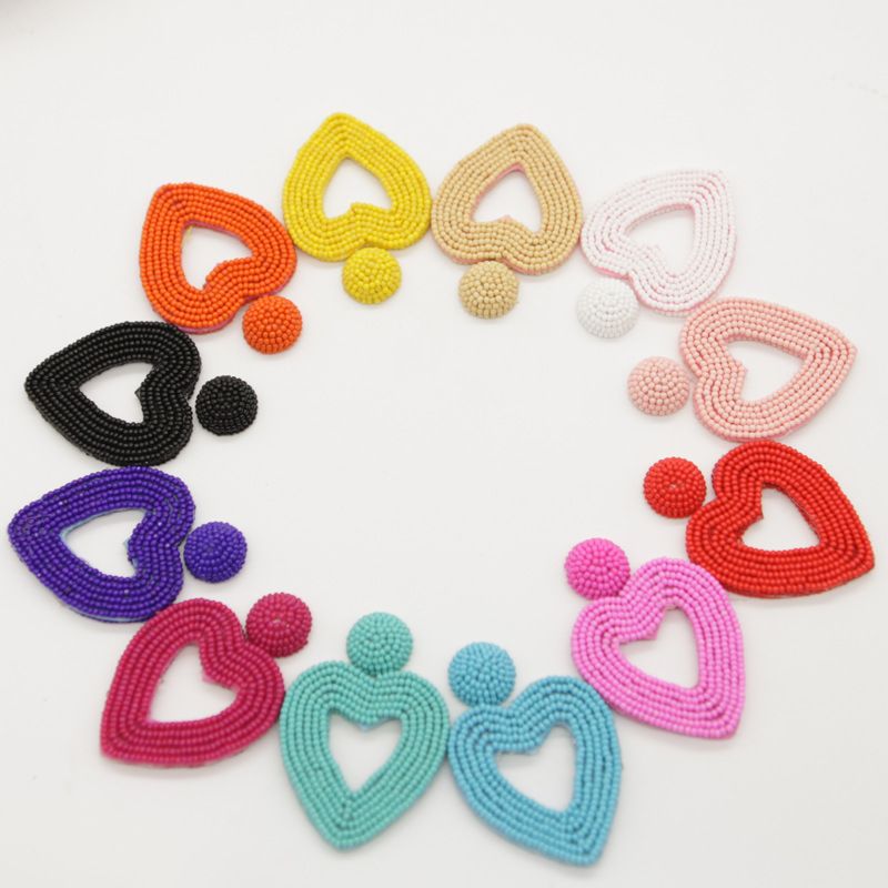 Handmade Boho Style Colorful Big Heart Shape Seed Bead Earrings for Women Jewelry