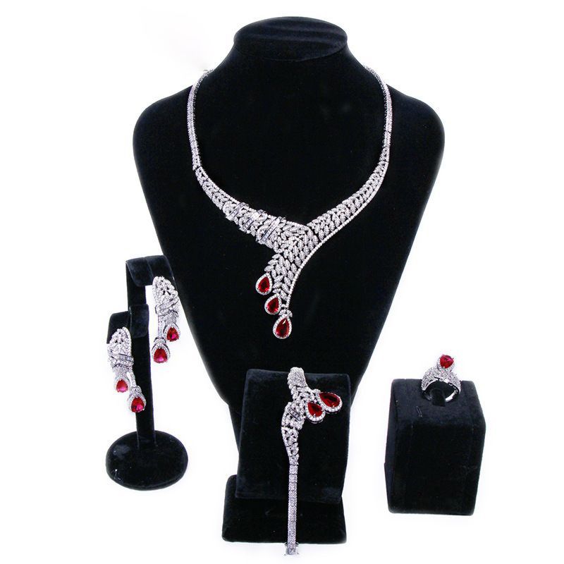 Handmade Bride Zircon Red Stone Jewelry Set Wedding Bridesmaid Neckle Earring Wedding Jewelry Set of 4 Zircon Jewelry