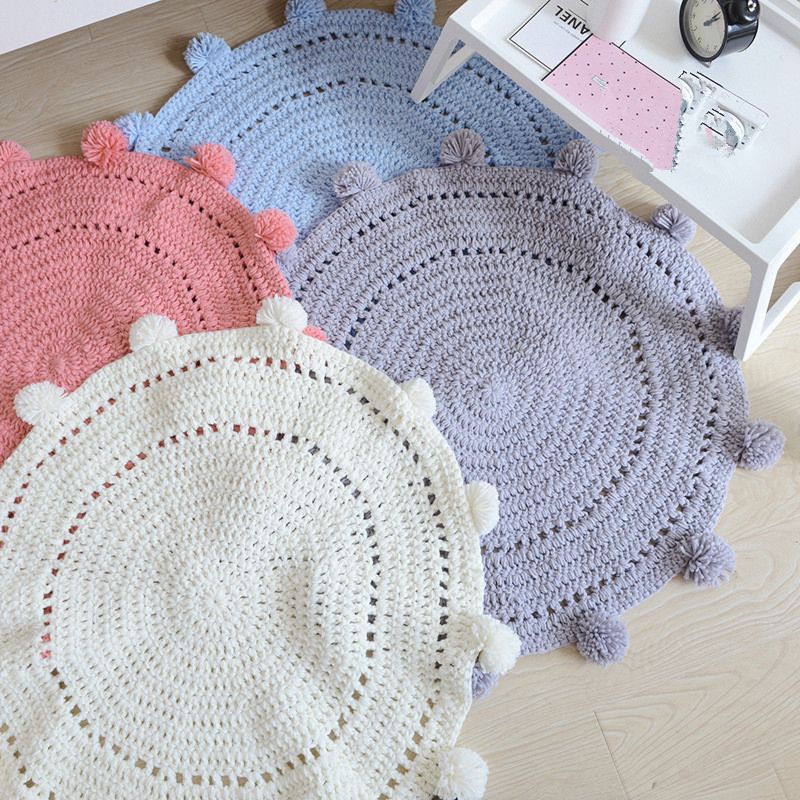 Handmade Crochet round Knit Area Rug Carpet Mats Blanket Bedroom Living Room Sofa Table Nursery Carpet Pom Pom Playmat Blanket