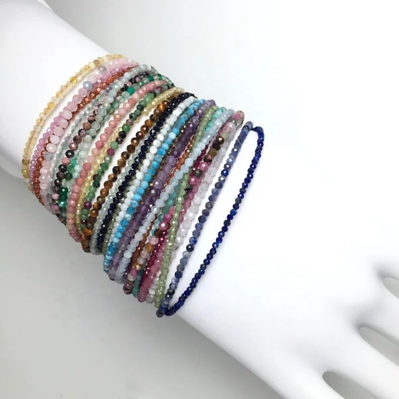 Handmade Gemstone Bracelet 2Mm Small Crystal Faceted Natural Gem Stone Beaded Adjustable Bracelet for Women Jewelry