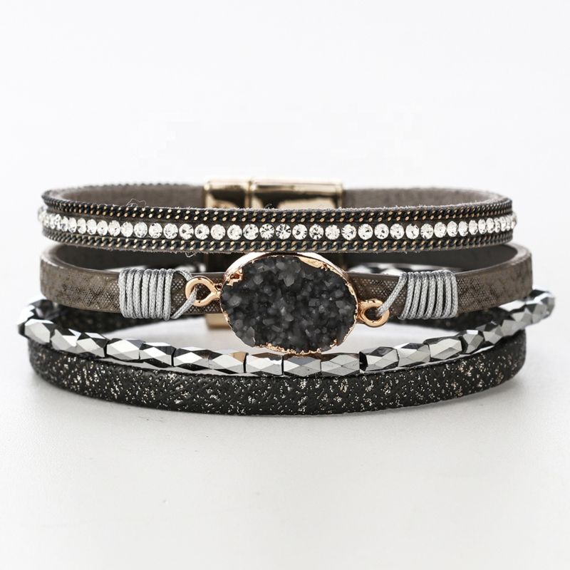 Handmade Magnetic Clasp Braided Gemstone Men Bracelet Gennine Synthetic Leather Mens Leather Bracelet