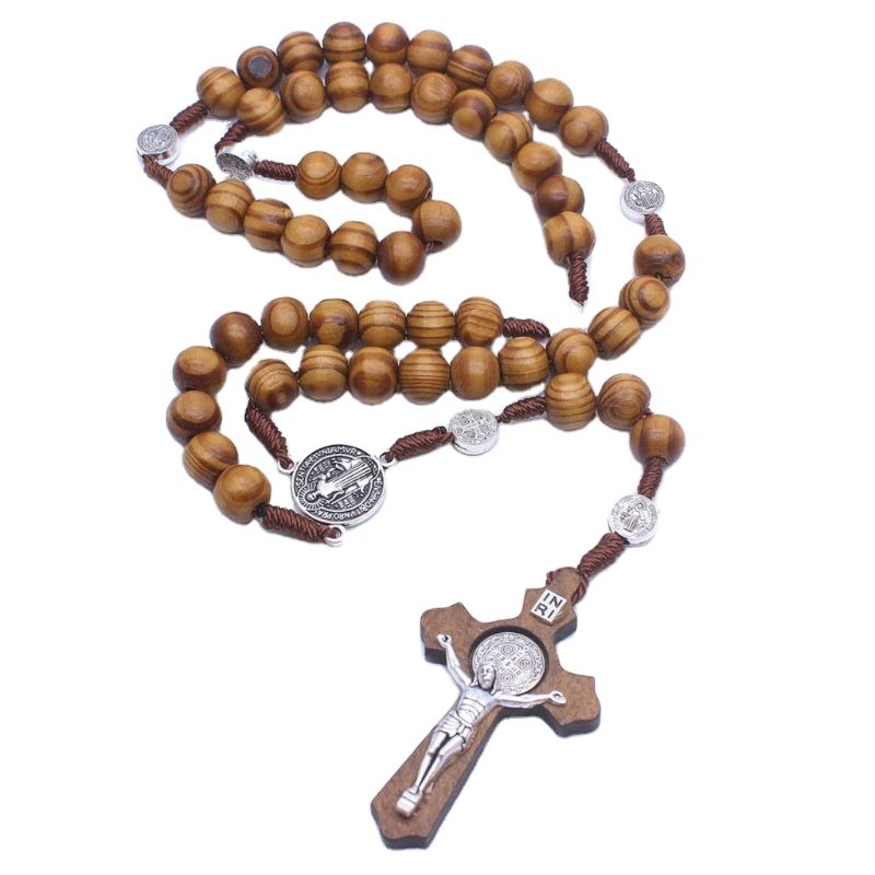 Handmade Wood Bead Rosary Necklace Saint Benedict Medal Jesus Cross Religious Jewelry Christmas Gifts