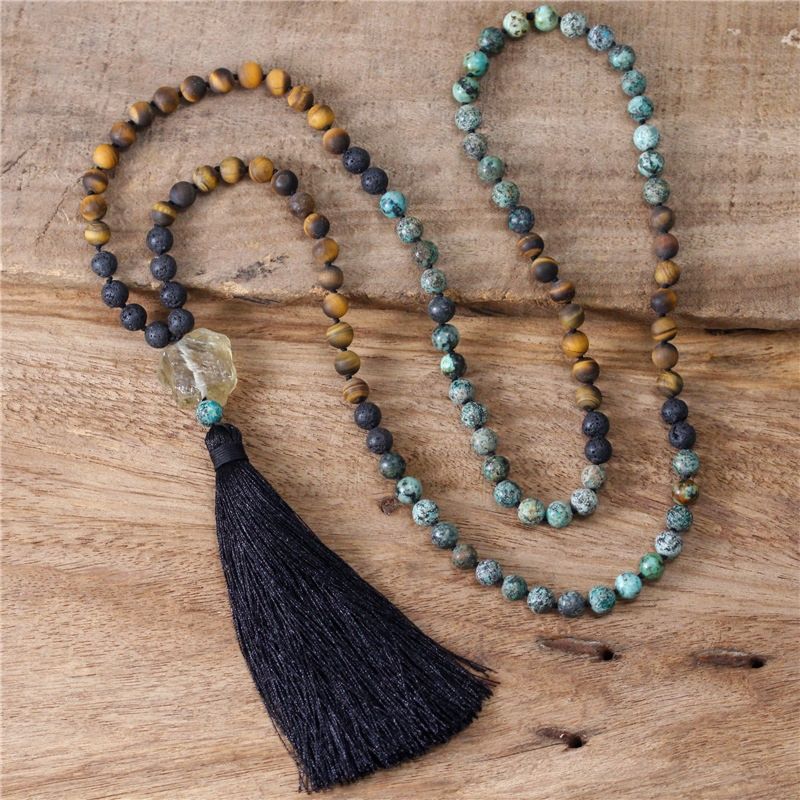 Handmade Yoga Natural Stone 108 Mala Turquoises Tiger Eye Lava Beads Necklace Black Tassel Meditation Jewelry