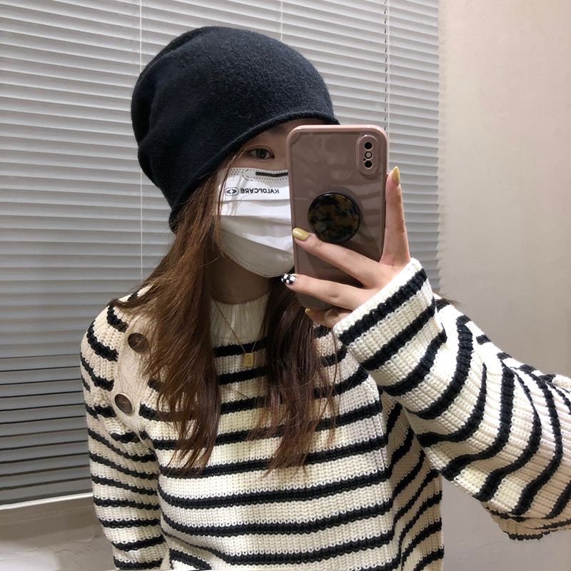 Hat Fine Knit Roll Edge Retro Show Face Small Korean Version Pile Pile Hats Warm Knit Hat